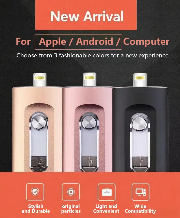Thumb Drive 3-in-1 Connector Metal 2.6 in Portable Data Storage for iPhone Android PC Mac Laptop Tablet Photo Video Backup Keychain Memory S