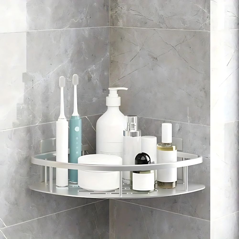 Adhesive Bathroom Caddy Aluminum Single-Tier Corner Organizer for Shampoo Soap Storage in Showers, Walk-In Baths & Small Spaces