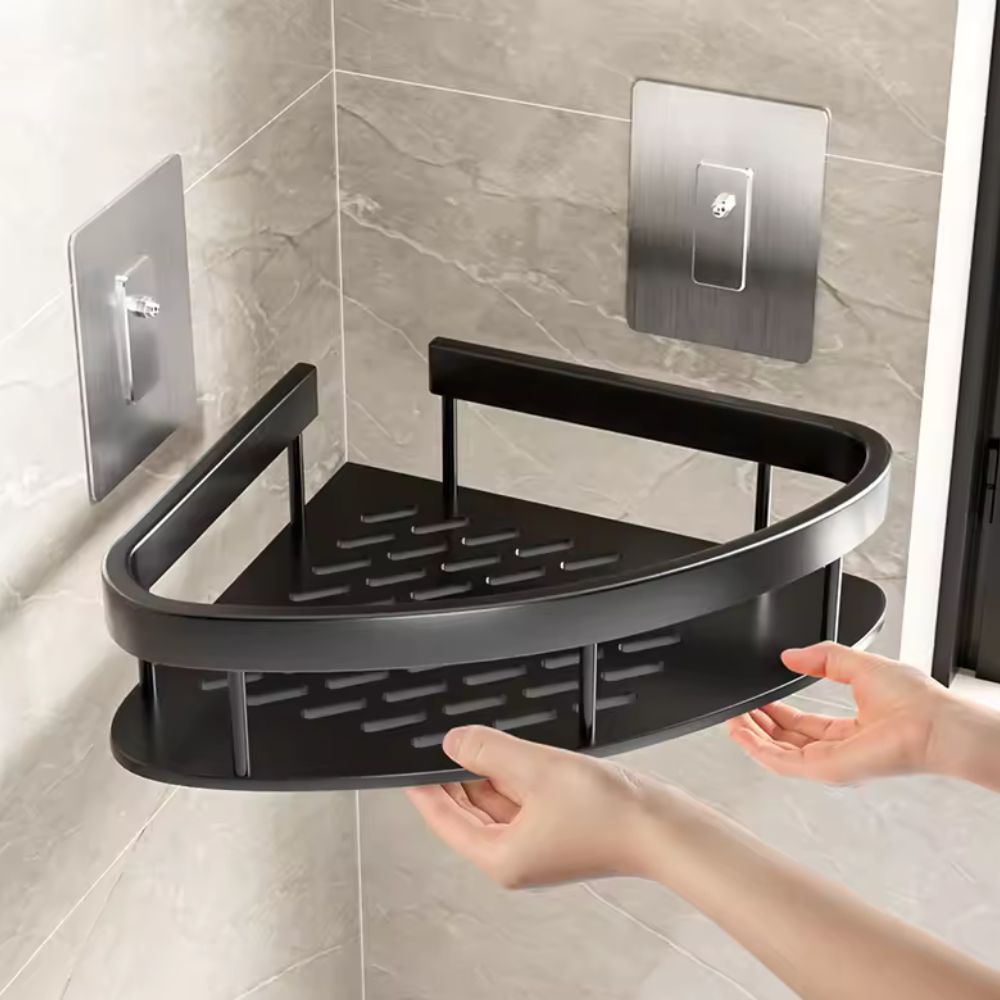 Wall Mount Shower Shelf Organizer with Hook Aluminum Curved Caddy for Bathroom Storage Shampoo Holder Rustproof No Drill 2-Tier Shelves