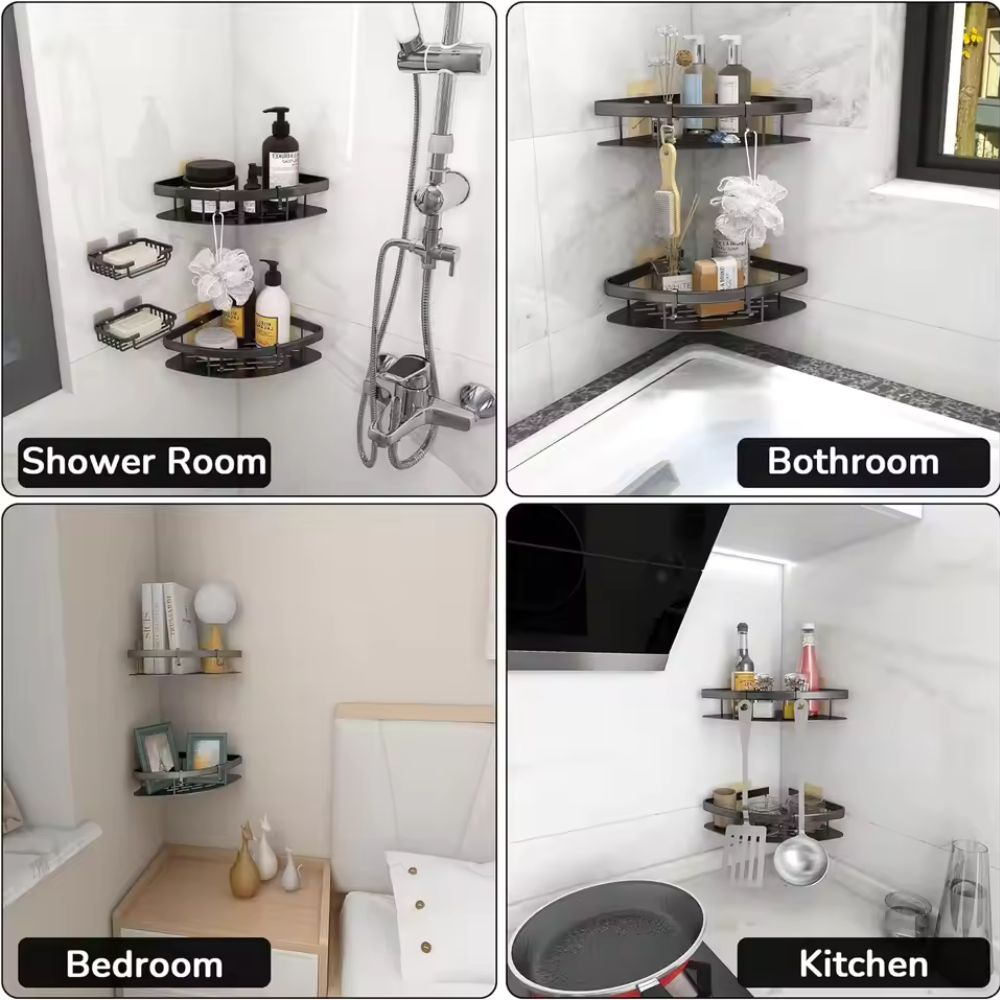 Wall-Mounted Bathroom Storage Rack with Hook, Aluminum Shower Organizer Caddy, Rustproof No-Drill Shelf for Shampoo & Soap, Single or