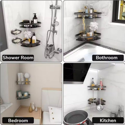 Wall Mount Shower Shelf Organizer with Hook Aluminum Curved Caddy for Bathroom Storage Shampoo Holder Rustproof No Drill 2-Tier Shelves