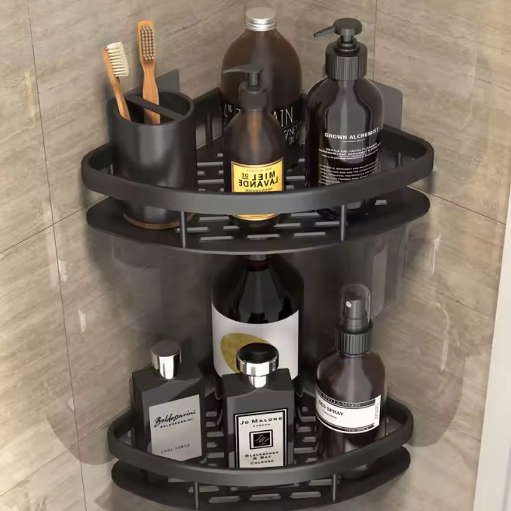 Adhesive Bathroom Caddy Aluminum Single-Tier Corner Organizer for Shampoo Soap Storage in Showers, Walk-In Baths & Small Spaces