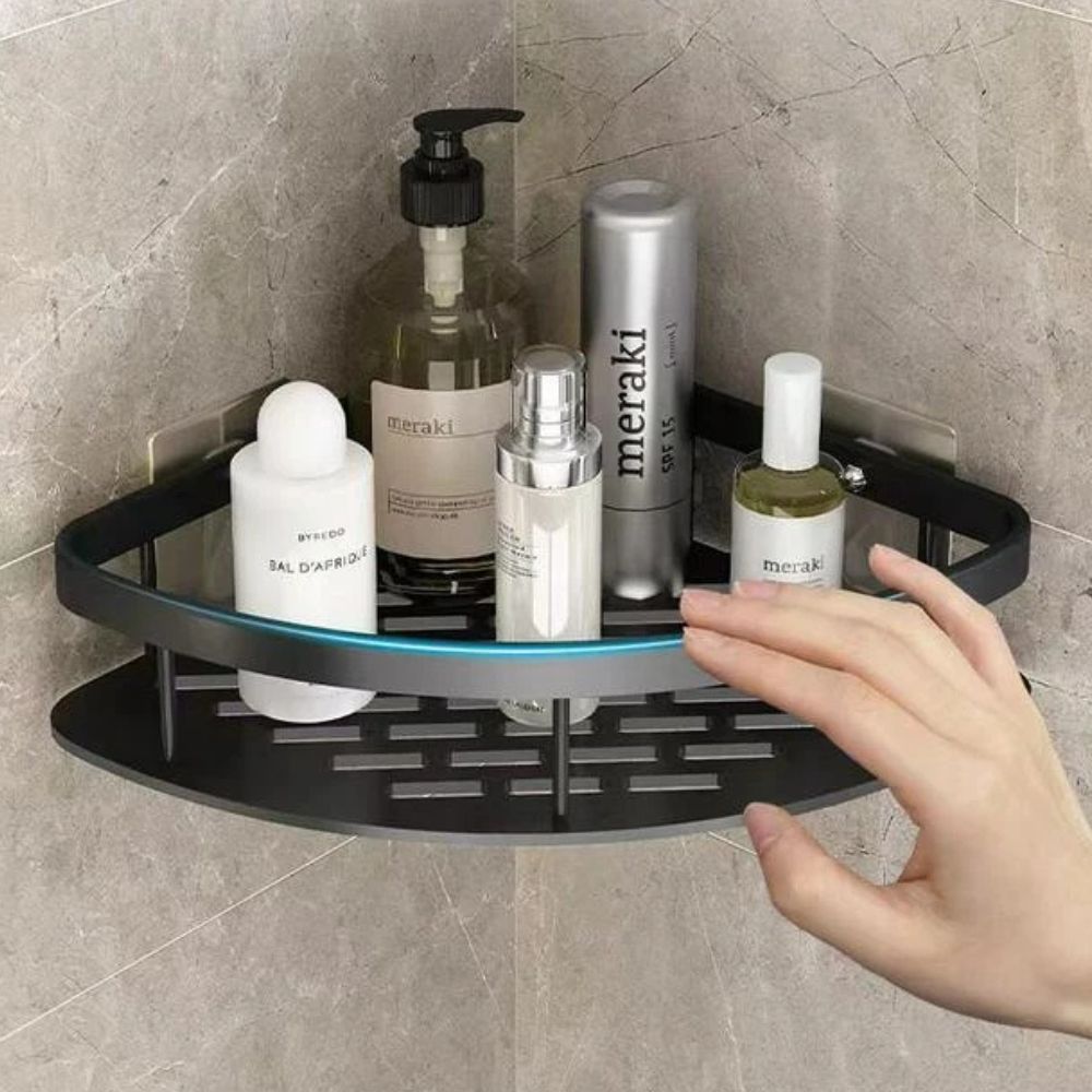 Wall-Mounted Bathroom Storage Rack with Hook, Aluminum Shower Organizer Caddy, Rustproof No-Drill Shelf for Shampoo & Soap, Single or