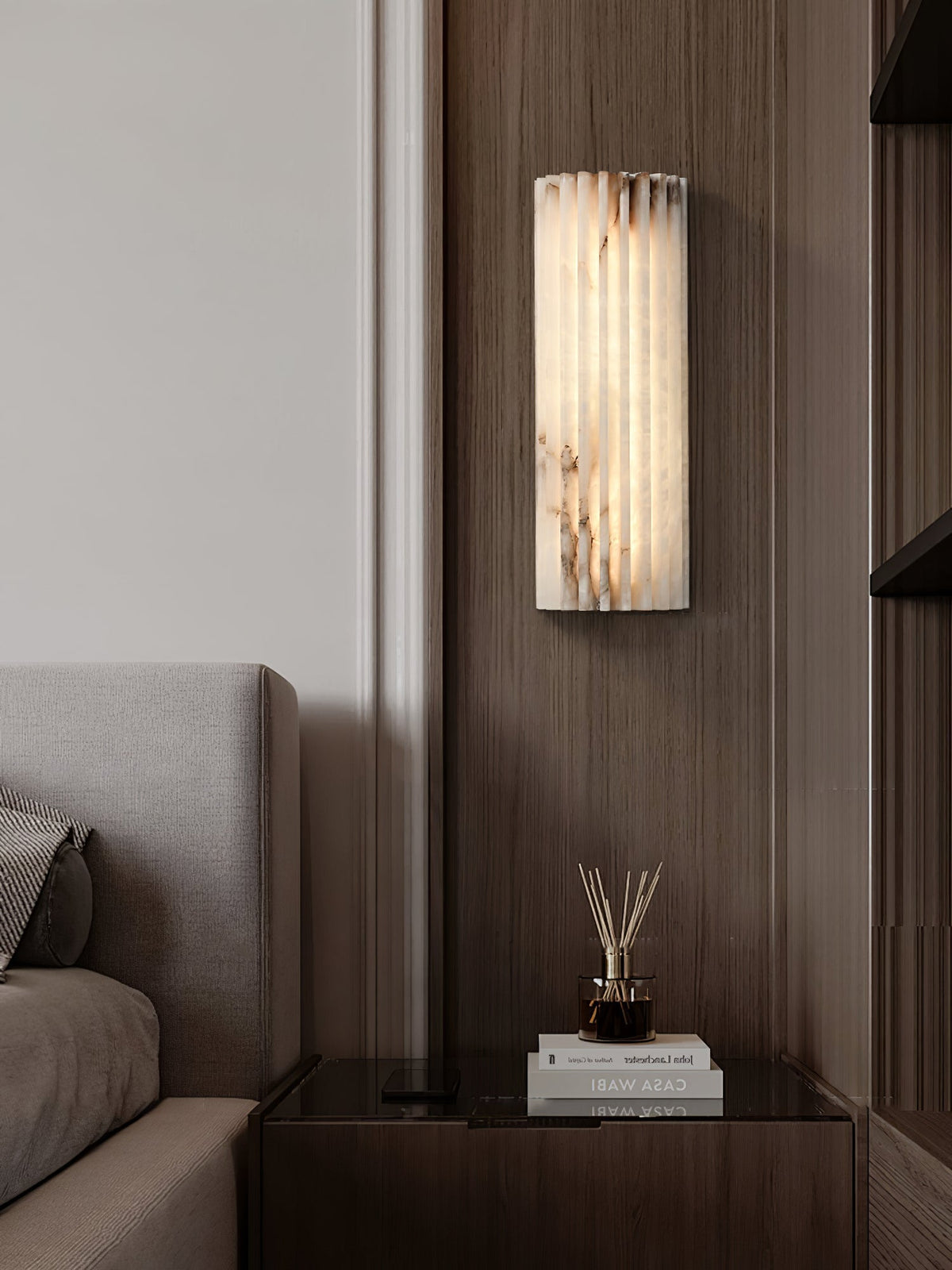 Alabaster Wall Sconce Light Fixture Cylinder Hardwired LED Integrated White Warm Neutral Cool Temperature Modern Accent for Bedroom