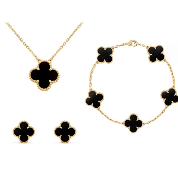 Parure de bijoux trèfle ambre | Ensemble 3-en-1 avec collier, bracelet et boucles d'oreilles réglables | Accessoire élégant pour toutes les occasions