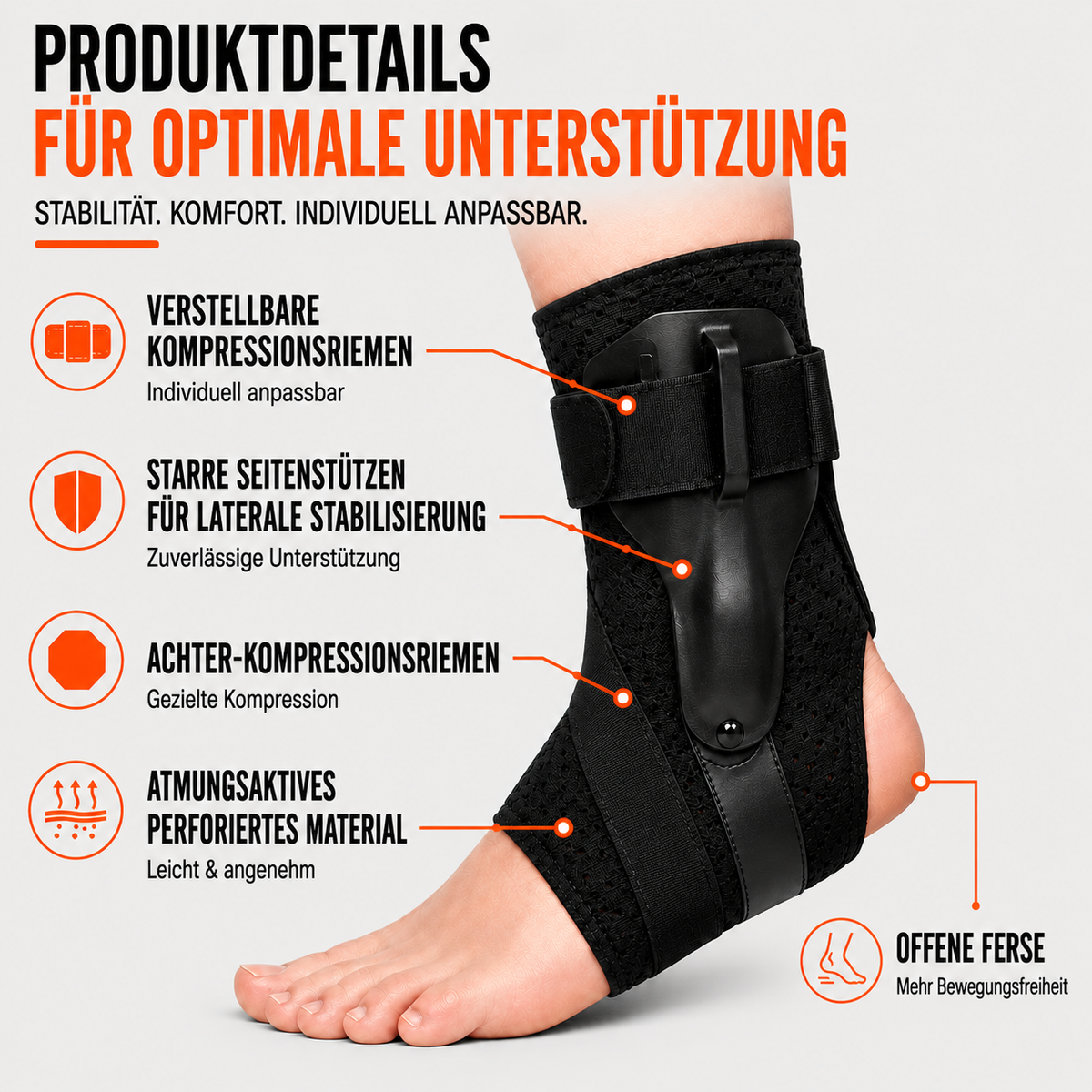 Chevillère réglable avec sangles de compression pour le sport et la récupération – Stabilisateur respirant pour la course, le basketball et le football