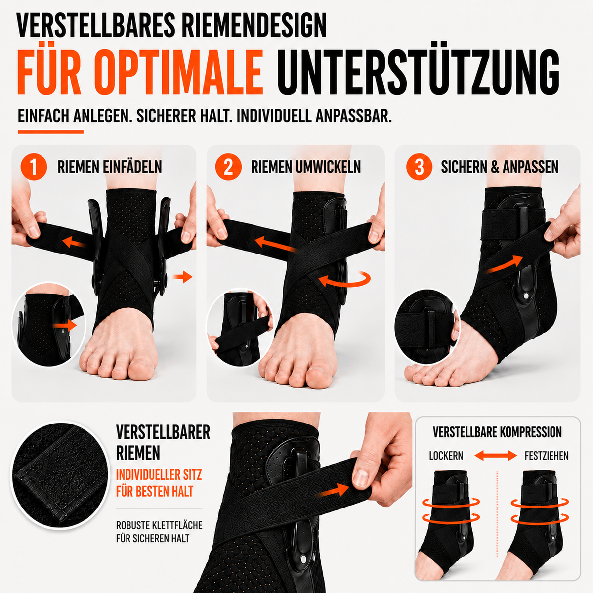 Chevillère réglable avec sangles de compression pour le sport et la récupération – Stabilisateur respirant pour la course, le basketball et le football