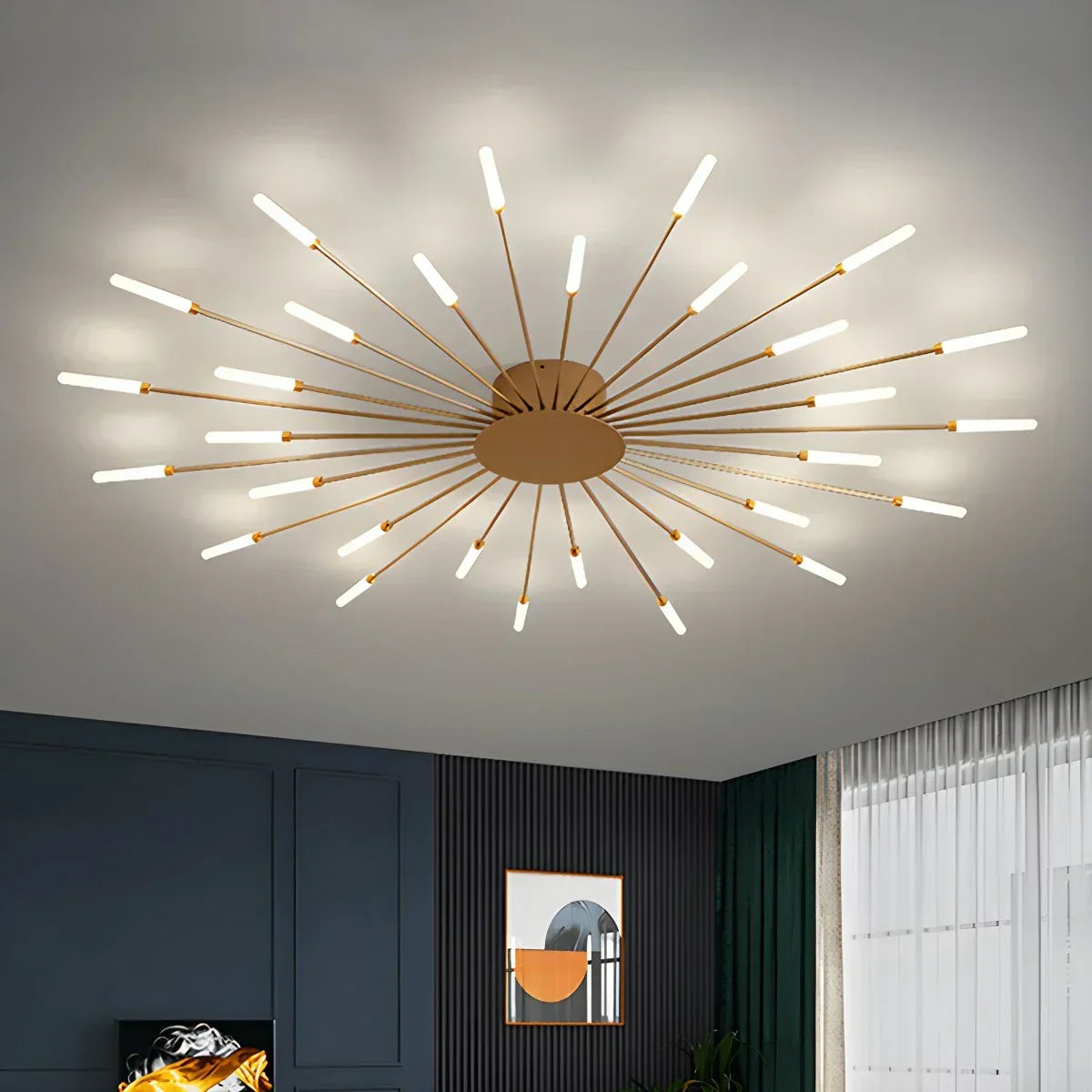 Multi-Arm Starburst Ceiling Fixture Metal LED Dimmable Gold Black 20-42 Bulb Open-Plan Dining Room Contemporary Statement Light Large Space