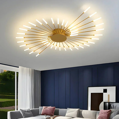 Multi-Arm Starburst Ceiling Fixture Metal LED Dimmable Gold Black 20-42 Bulb Open-Plan Dining Room Contemporary Statement Light Large Space