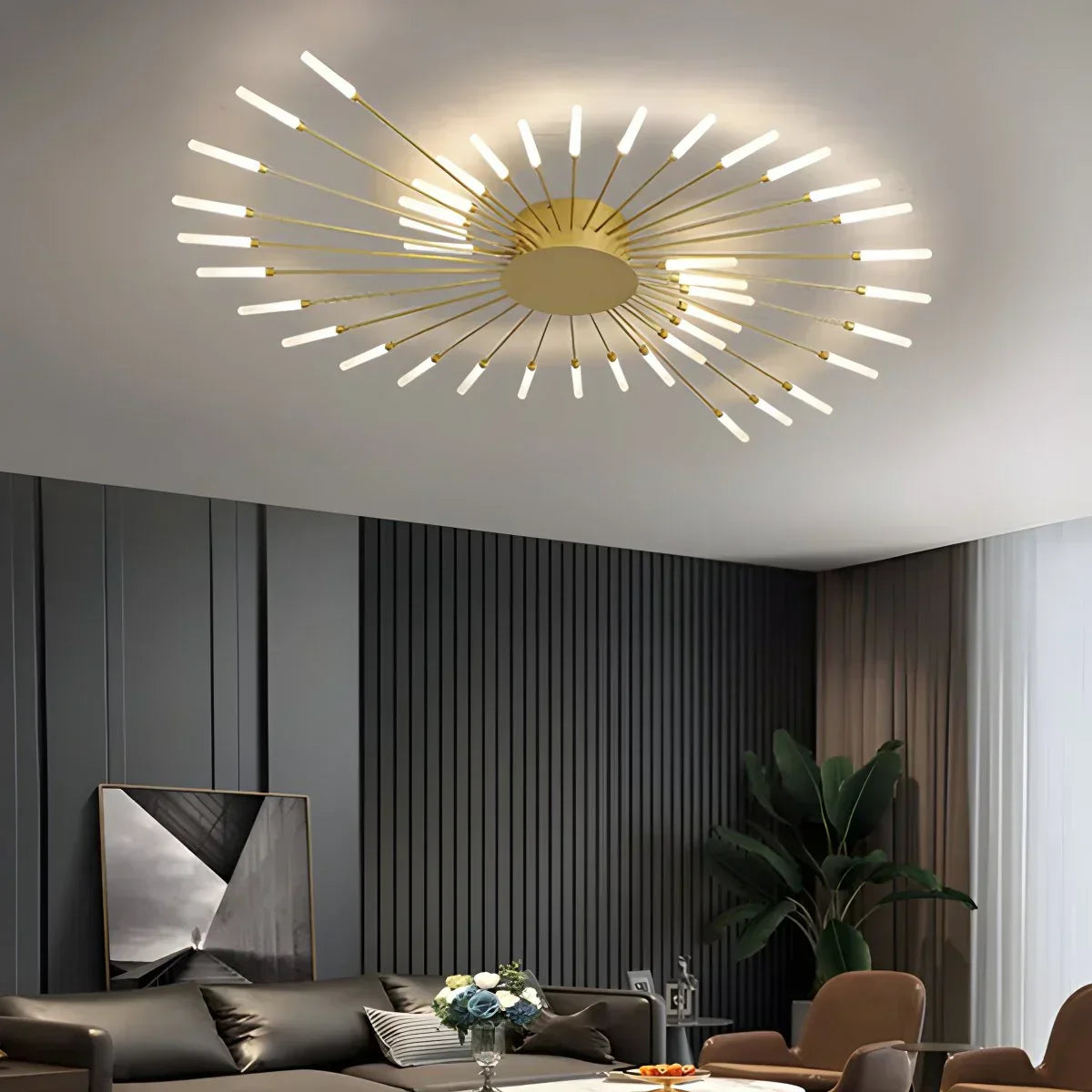 Multi-Arm Starburst Ceiling Fixture Metal LED Dimmable Gold Black 20-42 Bulb Open-Plan Dining Room Contemporary Statement Light Large Space