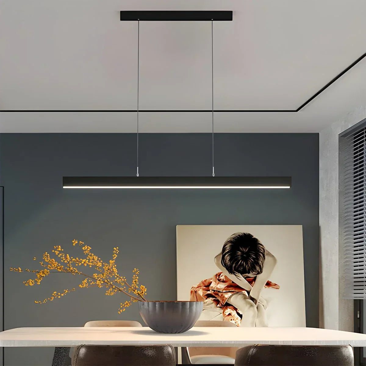 Linear LED Ceiling Fixture Black Aluminum Hanging Light for Dining Room Kitchen Island Office Desk Modern Minimalist Suspended Lamp Adjustab