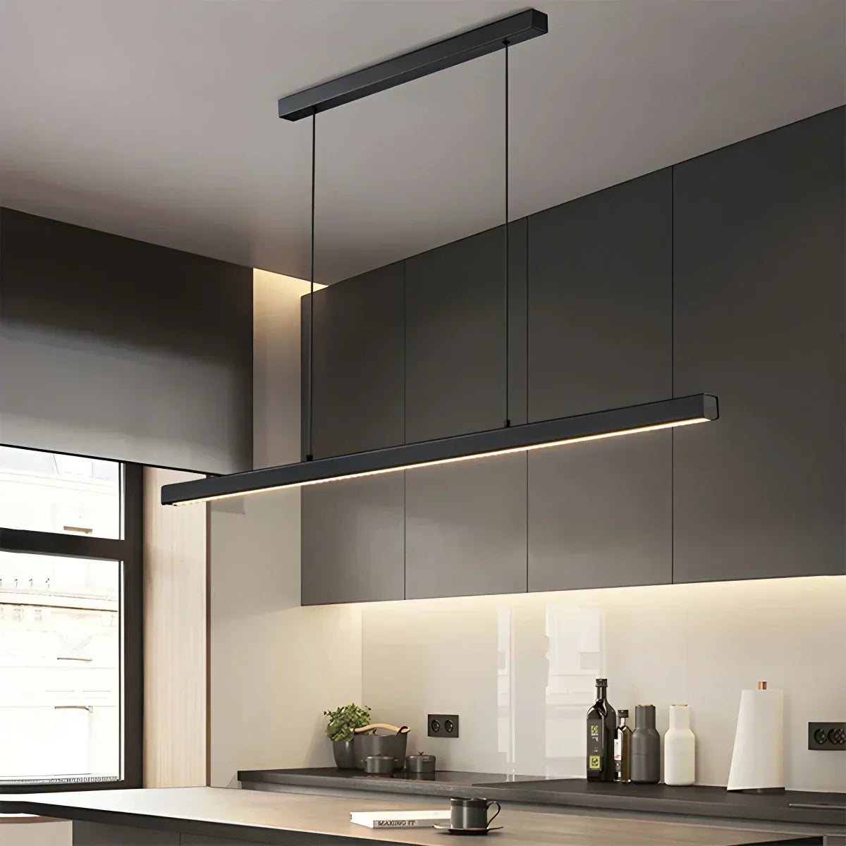 Linear LED Ceiling Fixture Black Aluminum Hanging Light for Dining Room Kitchen Island Office Desk Modern Minimalist Suspended Lamp Adjustab