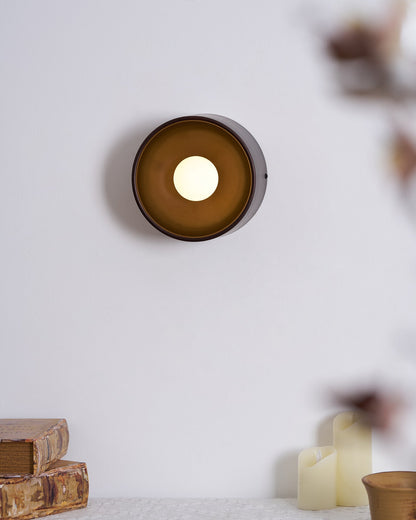 Sconce Light Fixture 7-Inch Round Metal & Glass Shade White for Bedroom Hallway Reading Nook Accent Lighting Compact Modern
