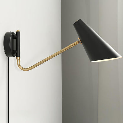 Swing-Arm Wall Sconce with 17-Inch Reach, Plug-In Bedside Reading Lamp for Bedroom, Adjustable Metal Task Light, E26 Socket, Black & Brass F