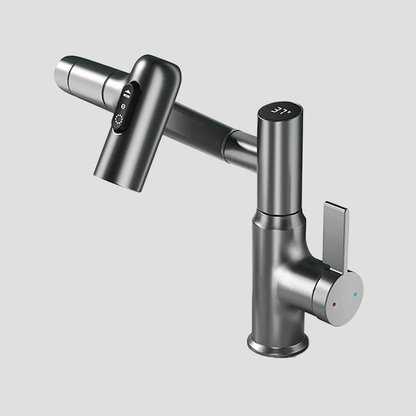 Rotating Sink Tap with Digital Temp Readout – 12-Inch Adjustable Spout, Full Swivel for Double Basins & Oversized Cookware