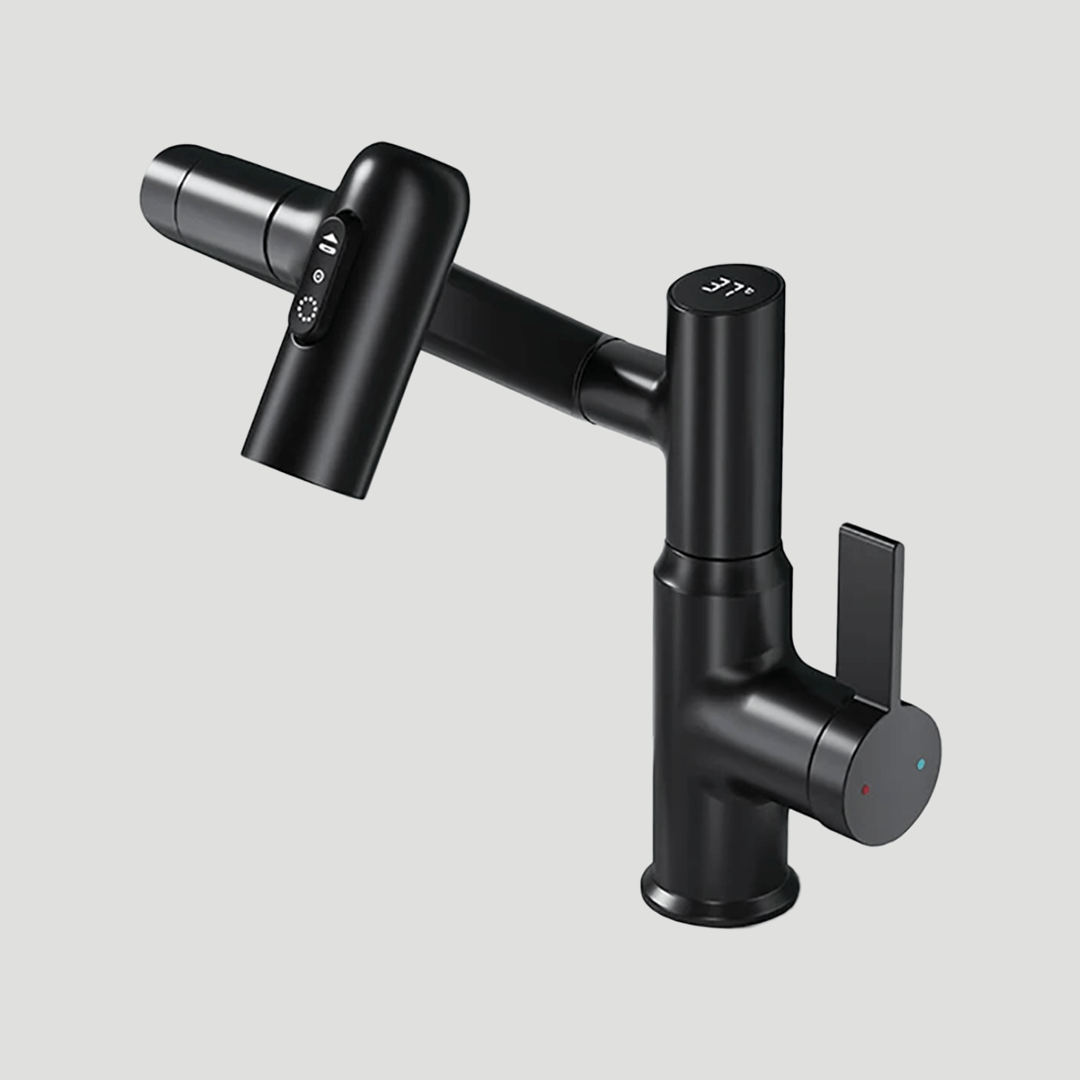 Rotating Sink Tap with Digital Temp Readout – 12-Inch Adjustable Spout, Full Swivel for Double Basins & Oversized Cookware