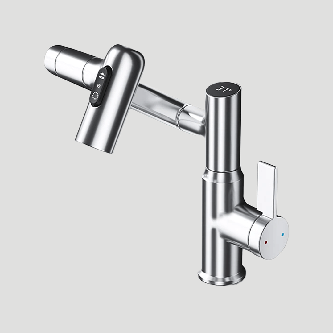 Rotating Sink Tap with Digital Temp Readout – 12-Inch Adjustable Spout, Full Swivel for Double Basins & Oversized Cookware