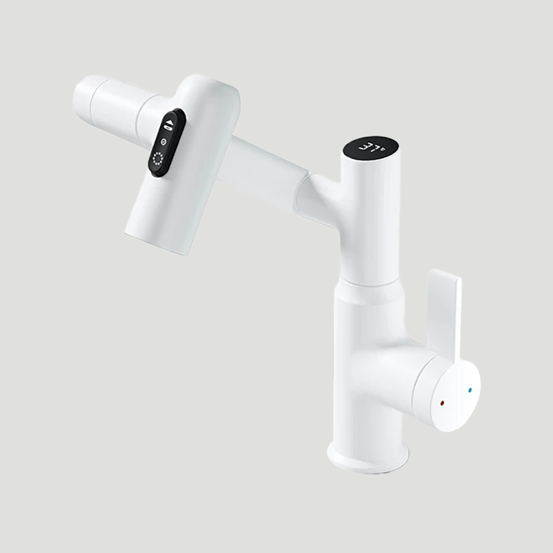 Rotating Sink Tap with Digital Temp Readout – 12-Inch Adjustable Spout, Full Swivel for Double Basins & Oversized Cookware