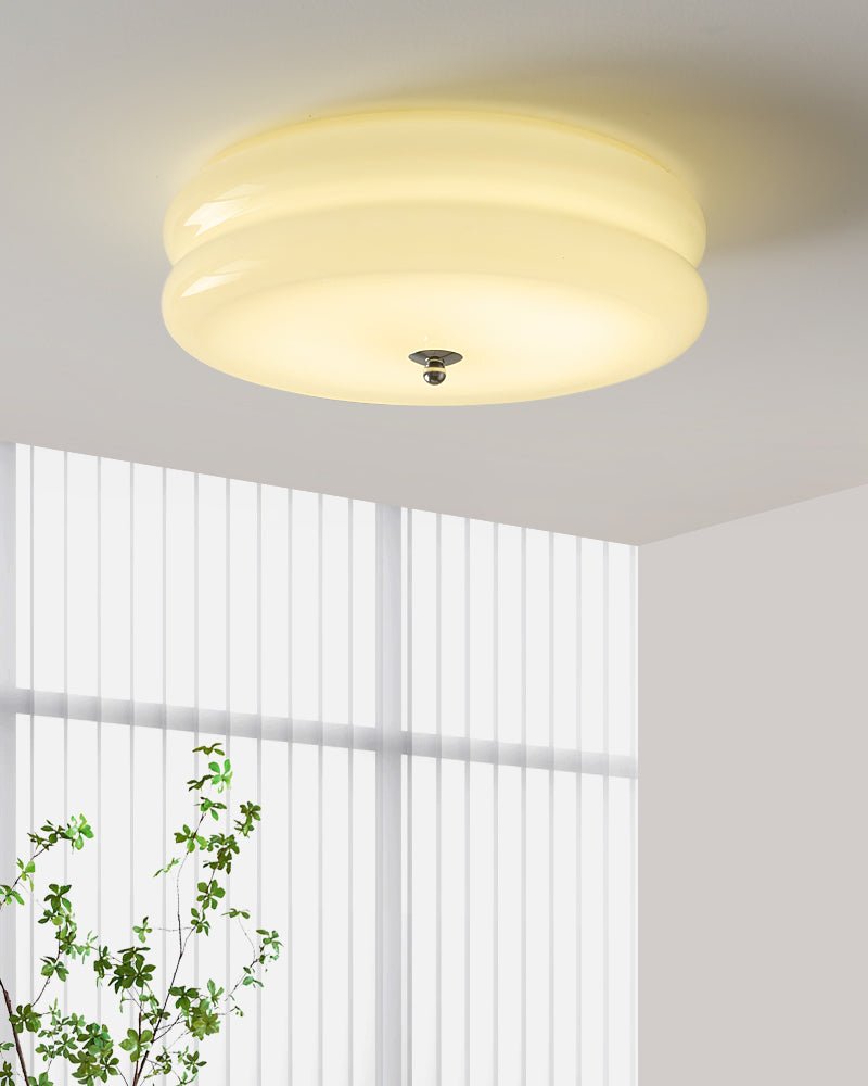 Art Deco Flush Mount Ceiling Light with White Glass Shade – Vintage LED Fixture for Living Room, Dining Room & Bedroom – Gold or Chrome