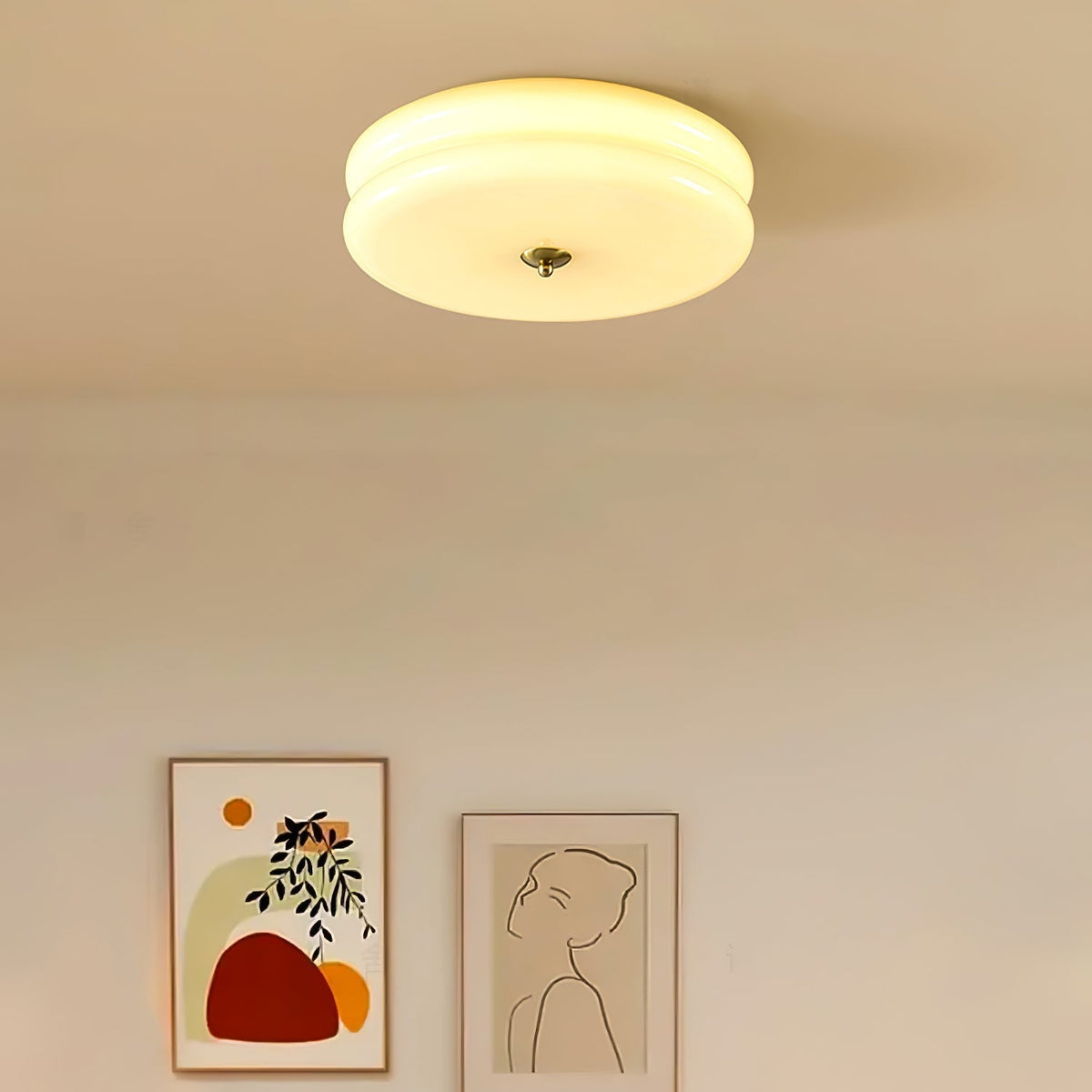 Art Deco Flush Mount Ceiling Light with White Glass Shade – Vintage LED Fixture for Living Room, Dining Room & Bedroom – Gold or Chrome