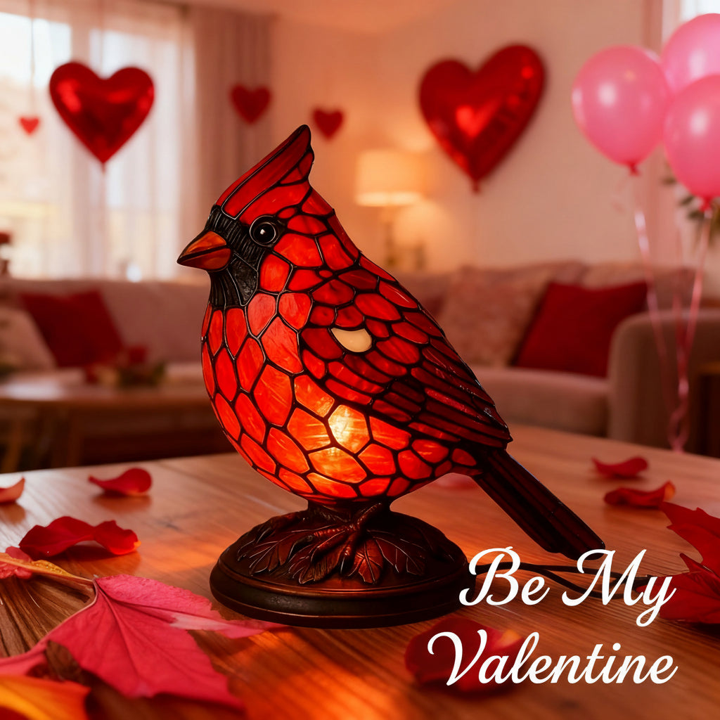Art Glass Table Lamp with Red Cardinal Bird Design | USB Powered for Cozy Ambiance