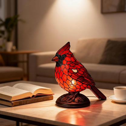 Art Glass Table Lamp with Red Cardinal Bird Design | USB Powered for Cozy Ambiance