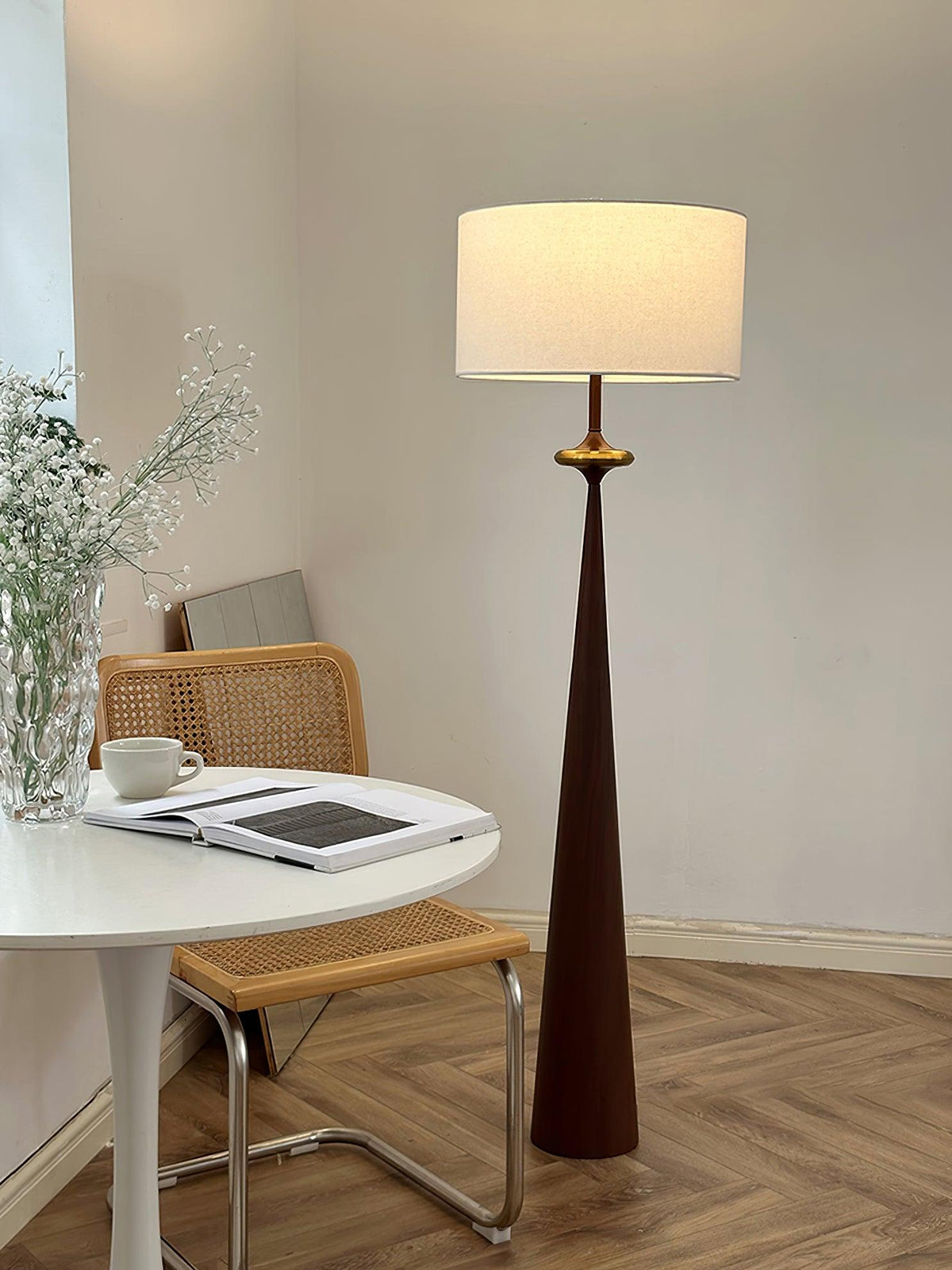 Standing Lamp Wooden Base 65 in Tall White Fabric Shade Mid-Century Uplight for Living Room Bedroom Reading Corner Dimmable E26 Socket Moder