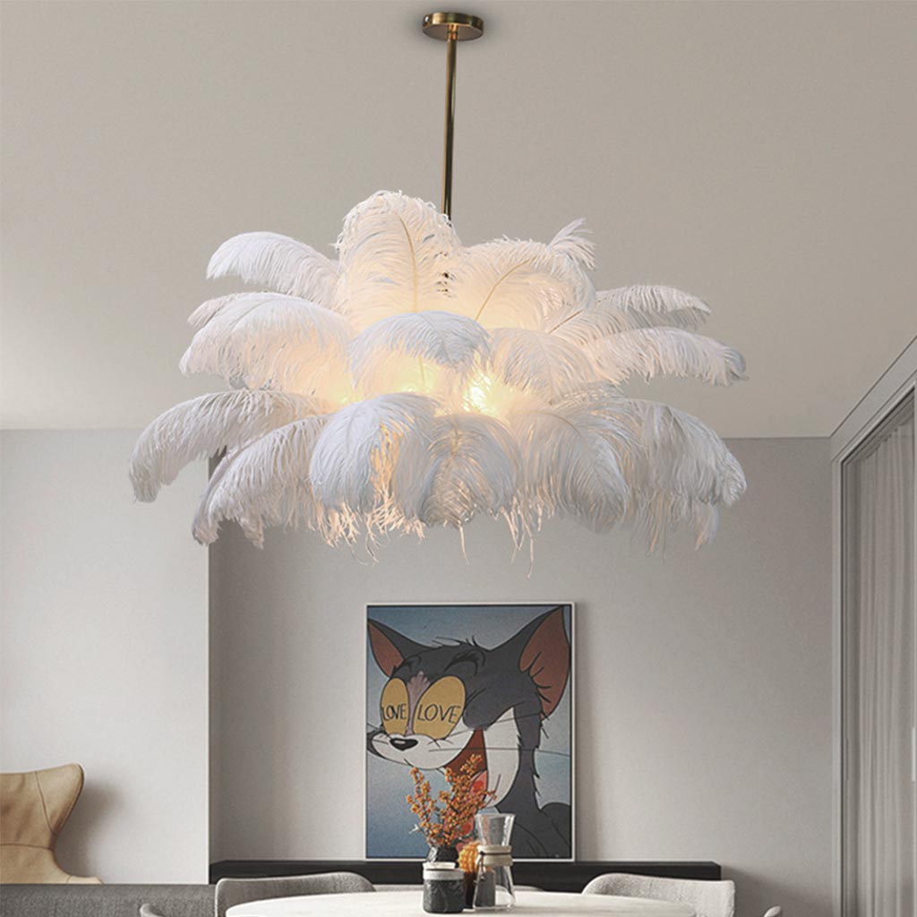 Feathered Ceiling Light White 31 in Adjustable LED Hanging Fixture for Bedroom Living Room Dining Room Statement Decor