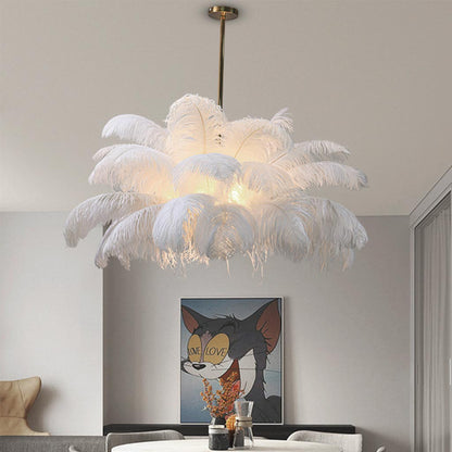 Feathered Ceiling Light White 31 in Adjustable LED Hanging Fixture for Bedroom Living Room Dining Room Statement Decor