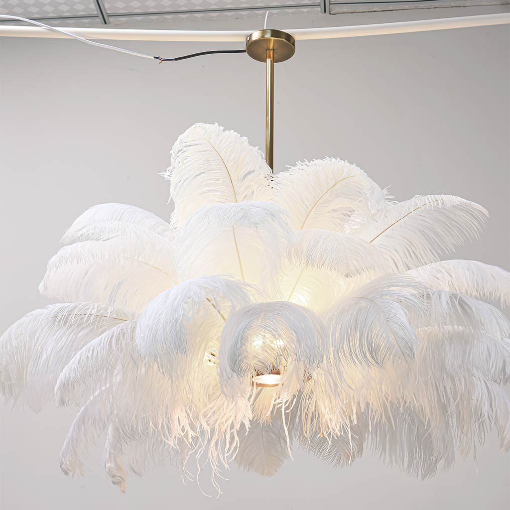 Feathered Ceiling Light White 31 in Adjustable LED Hanging Fixture for Bedroom Living Room Dining Room Statement Decor
