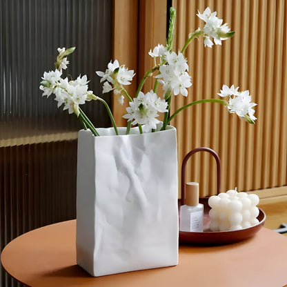 Artistic Ceramic Vase with Unique Paper Bag Design – Handmade Textured Decor