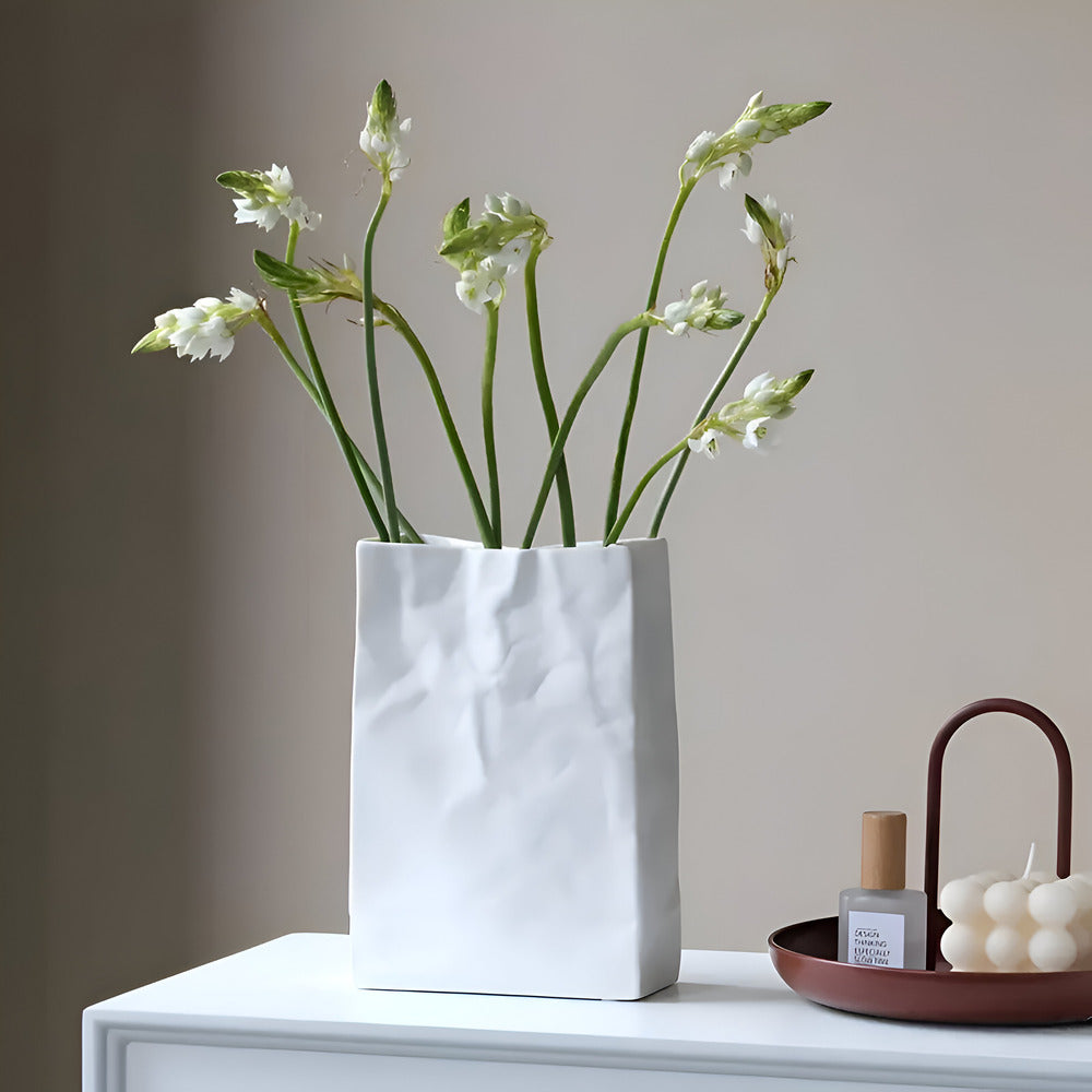Artistic Ceramic Vase with Unique Paper Bag Design – Handmade Textured Decor