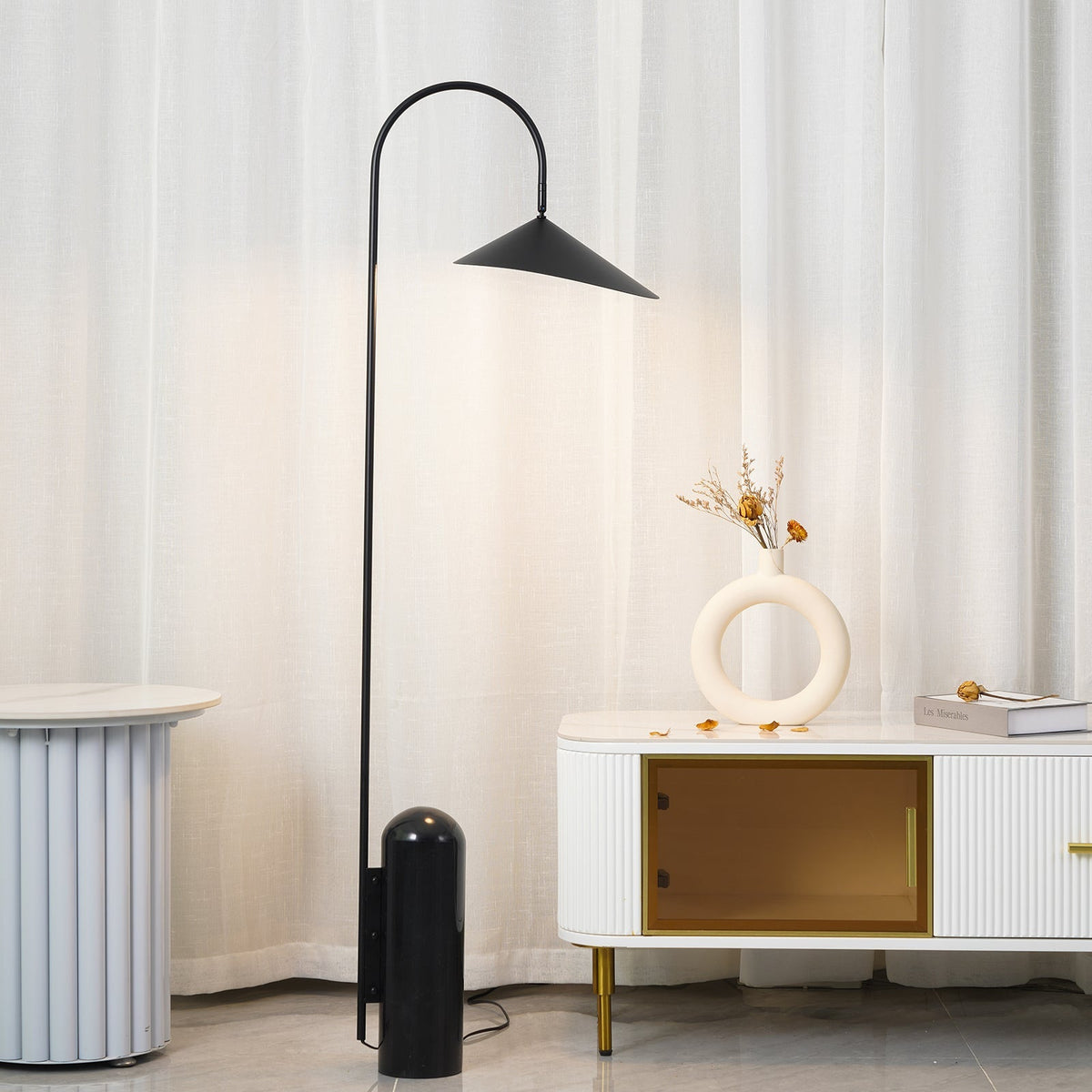 Arched Reading Floor Lamp with Marble Base – Modern Black Metal Accent Light for Living Room, Bedroom & Home Office