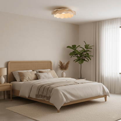 Dimmable LED Flush Mount Light 20 in Beige Fabric Shade Brass Accent for Bedroom Hallway Living Room 3 Color Modes Low Profile Overhead Fixt