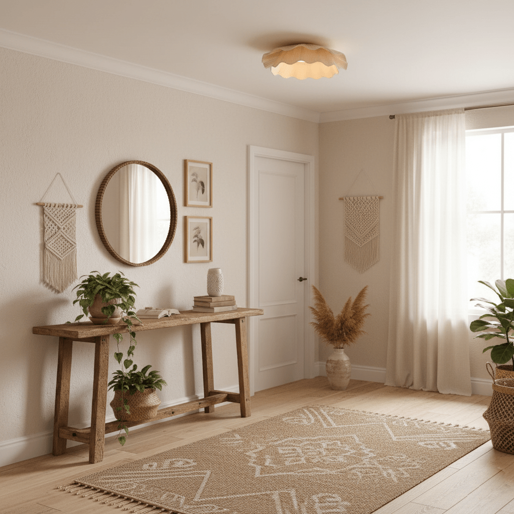 Dimmable LED Flush Mount Light 20 in Beige Fabric Shade Brass Accent for Bedroom Hallway Living Room 3 Color Modes Low Profile Overhead Fixt
