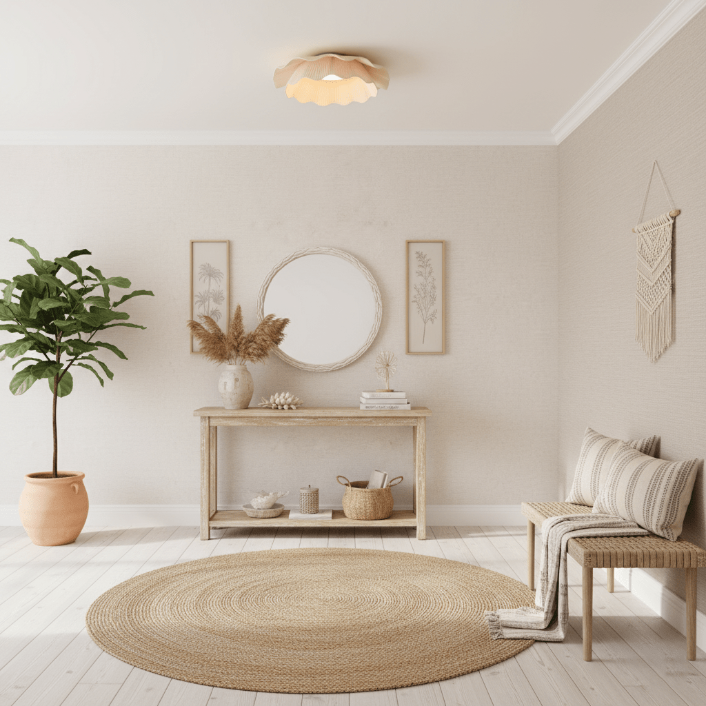 Dimmable LED Flush Mount Light 20 in Beige Fabric Shade Brass Accent for Bedroom Hallway Living Room 3 Color Modes Low Profile Overhead Fixt