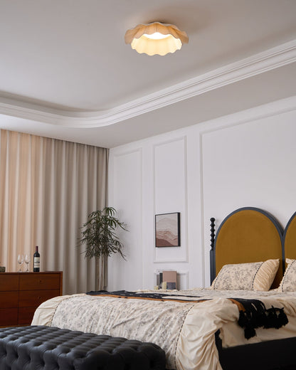 Dimmable LED Flush Mount Light 20 in Beige Fabric Shade Brass Accent for Bedroom Hallway Living Room 3 Color Modes Low Profile Overhead Fixt