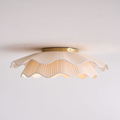 Flush Mount Ceiling Light White Fabric Ripple Shade 20 in Bedroom Ambient LED Integrated Dimmable Low Profile for Living Room Dining Room Mo