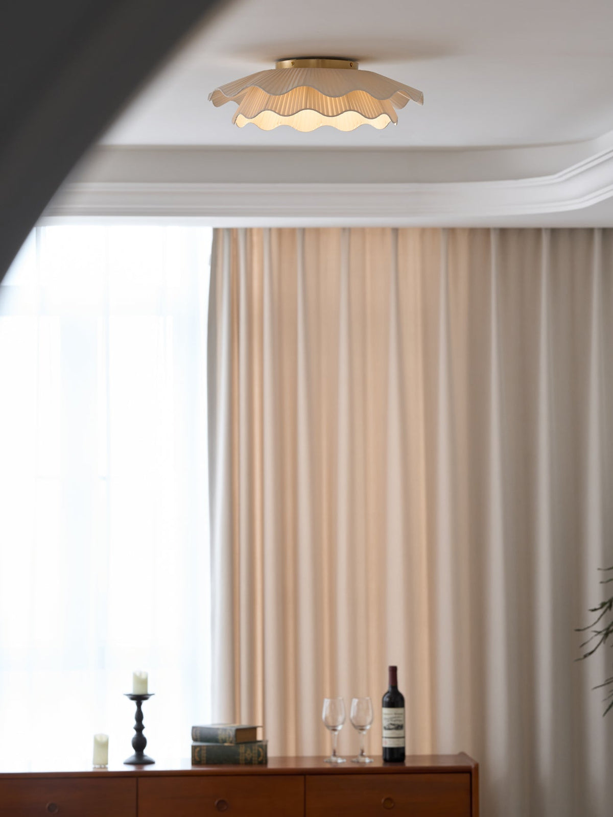 Dimmable LED Flush Mount Light 20 in Beige Fabric Shade Brass Accent for Bedroom Hallway Living Room 3 Color Modes Low Profile Overhead Fixt