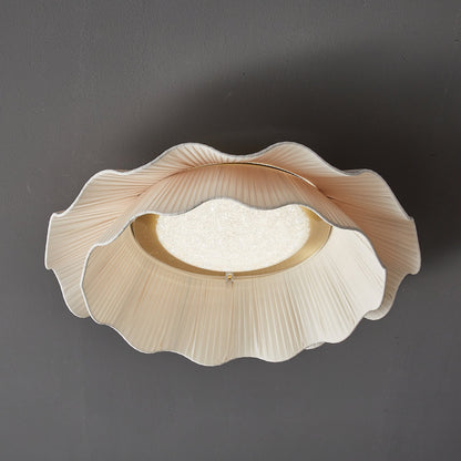 Dimmable LED Flush Mount Light 20 in Beige Fabric Shade Brass Accent for Bedroom Hallway Living Room 3 Color Modes Low Profile Overhead Fixt