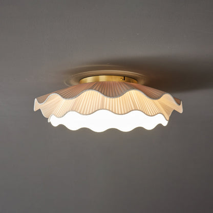 Dimmable LED Flush Mount Light 20 in Beige Fabric Shade Brass Accent for Bedroom Hallway Living Room 3 Color Modes Low Profile Overhead Fixt