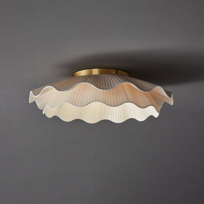 Dimmable LED Flush Mount Light 20 in Beige Fabric Shade Brass Accent for Bedroom Hallway Living Room 3 Color Modes Low Profile Overhead Fixt