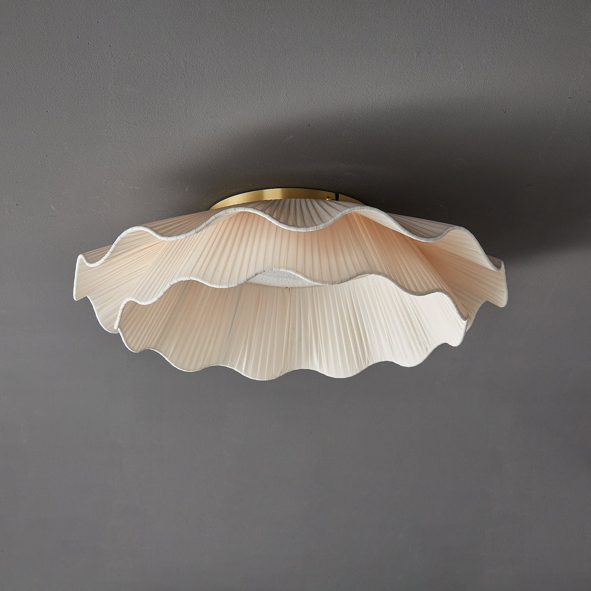 Dimmable LED Flush Mount Light 20 in Beige Fabric Shade Brass Accent for Bedroom Hallway Living Room 3 Color Modes Low Profile Overhead Fixt