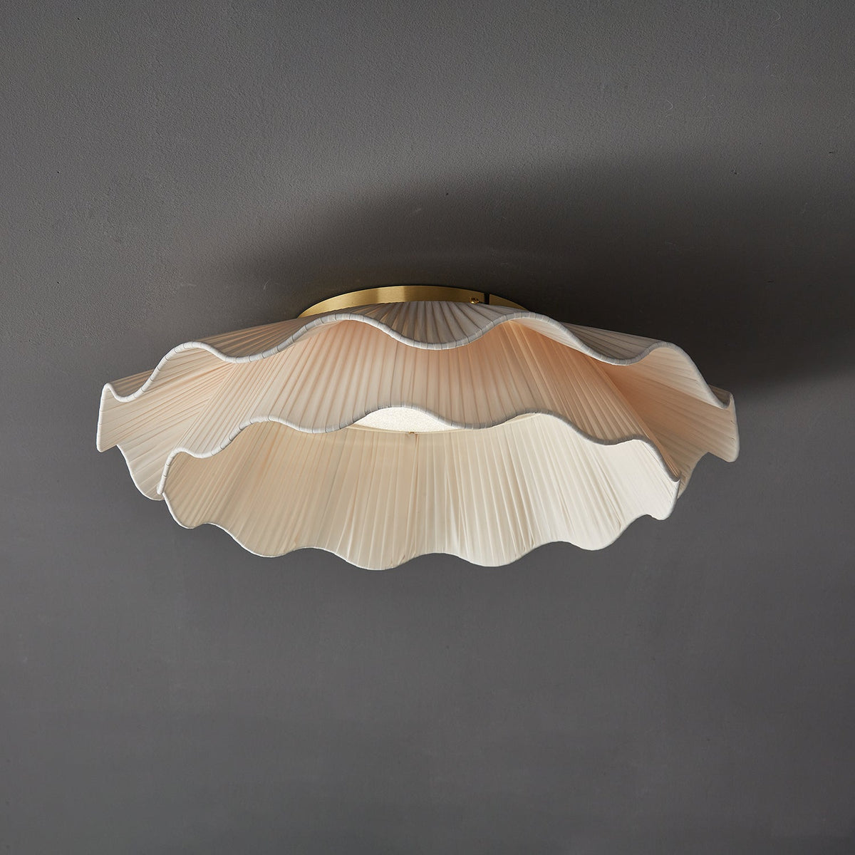 Dimmable LED Flush Mount Light 20 in Beige Fabric Shade Brass Accent for Bedroom Hallway Living Room 3 Color Modes Low Profile Overhead Fixt