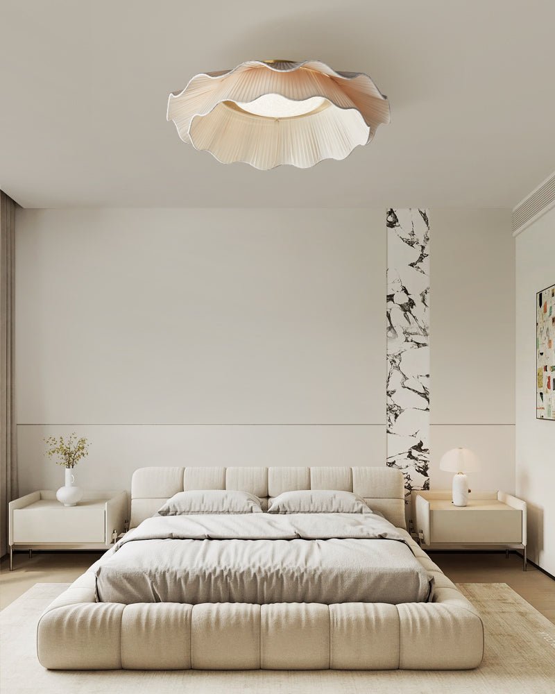 Dimmable LED Flush Mount Light 20 in Beige Fabric Shade Brass Accent for Bedroom Hallway Living Room 3 Color Modes Low Profile Overhead Fixt