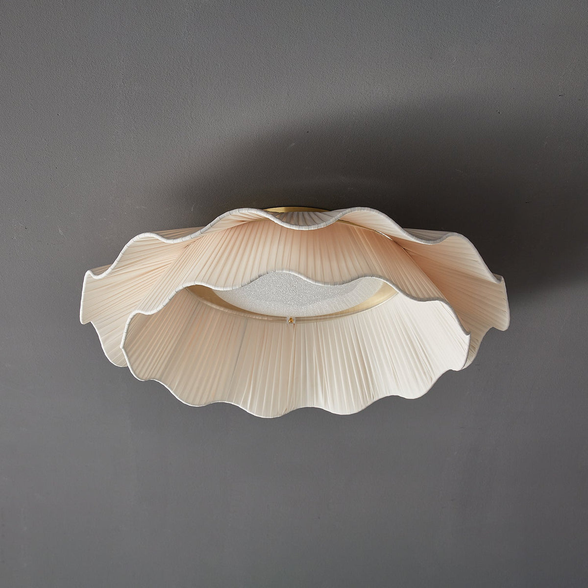Dimmable LED Flush Mount Light 20 in Beige Fabric Shade Brass Accent for Bedroom Hallway Living Room 3 Color Modes Low Profile Overhead Fixt