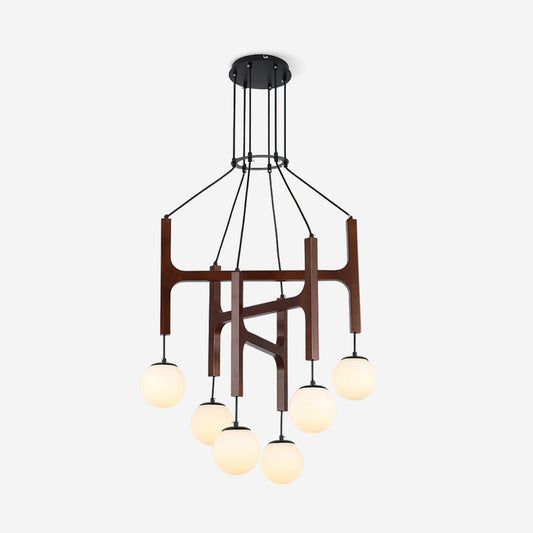 Lustre suspendu à bras multiples en bois, globes en verre blanc, câble à hauteur réglable, éclairage de plafond pour salle à manger de 2 à 6 ampoules, style ferme moderne, industriel
