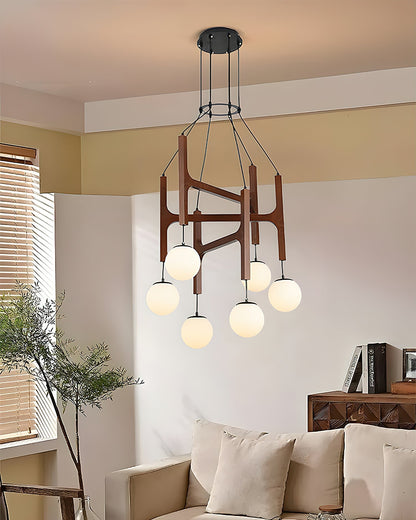 Wooden Multi-Arm Hanging Light Fixture White Glass Globes Adjustable Height Cable 2-6 Bulb Dining Room Ceiling Lighting Modern Farmhouse Ind