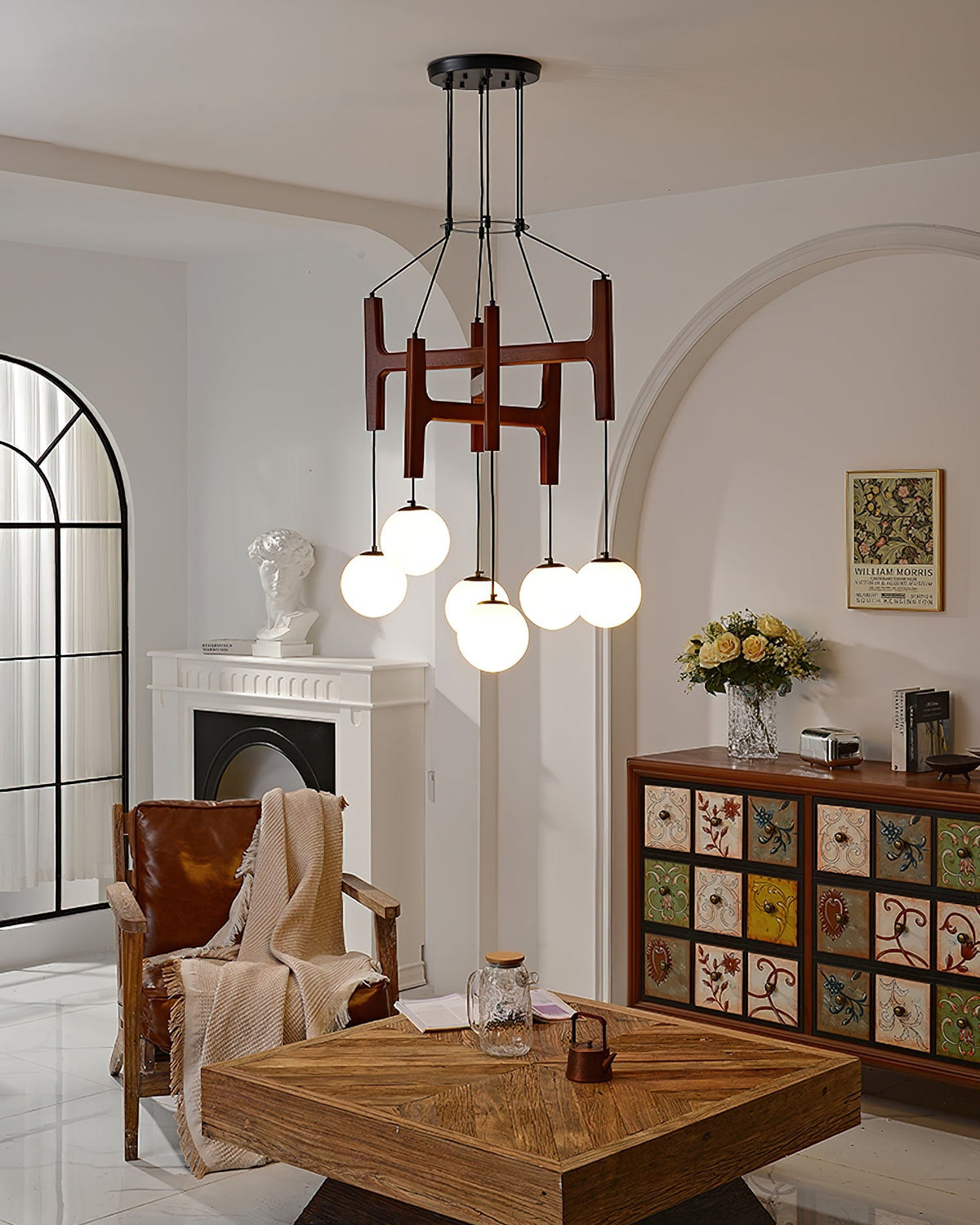 Wooden Multi-Arm Hanging Light Fixture White Glass Globes Adjustable Height Cable 2-6 Bulb Dining Room Ceiling Lighting Modern Farmhouse Ind