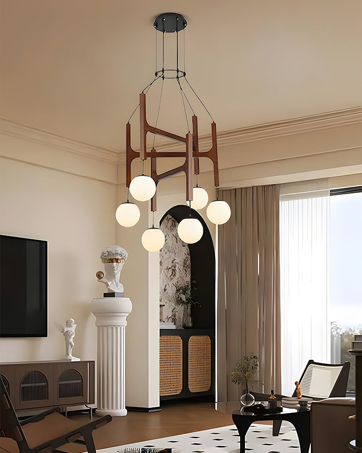 Wooden Multi-Arm Hanging Light Fixture White Glass Globes Adjustable Height Cable 2-6 Bulb Dining Room Ceiling Lighting Modern Farmhouse Ind